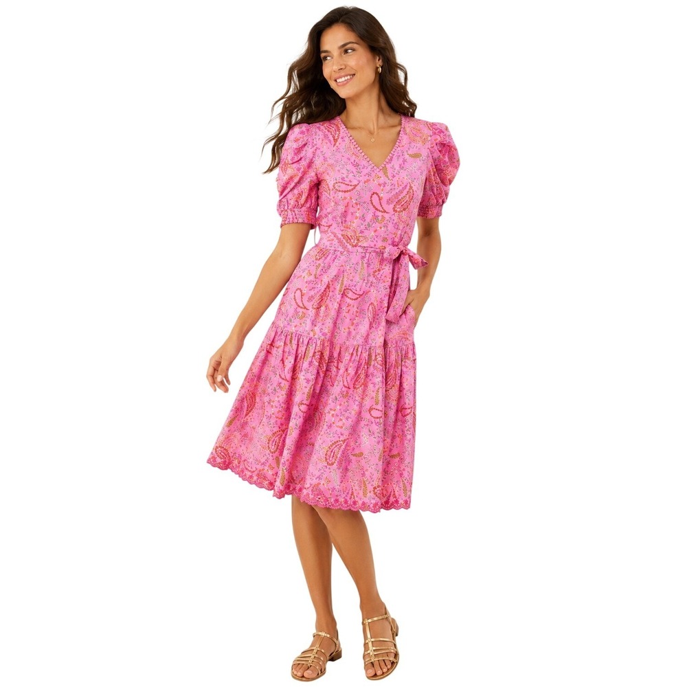 Hale Bob Midi Elaina dress sz S Pink Paisley Floral Puff Sleeve coquette cottage
